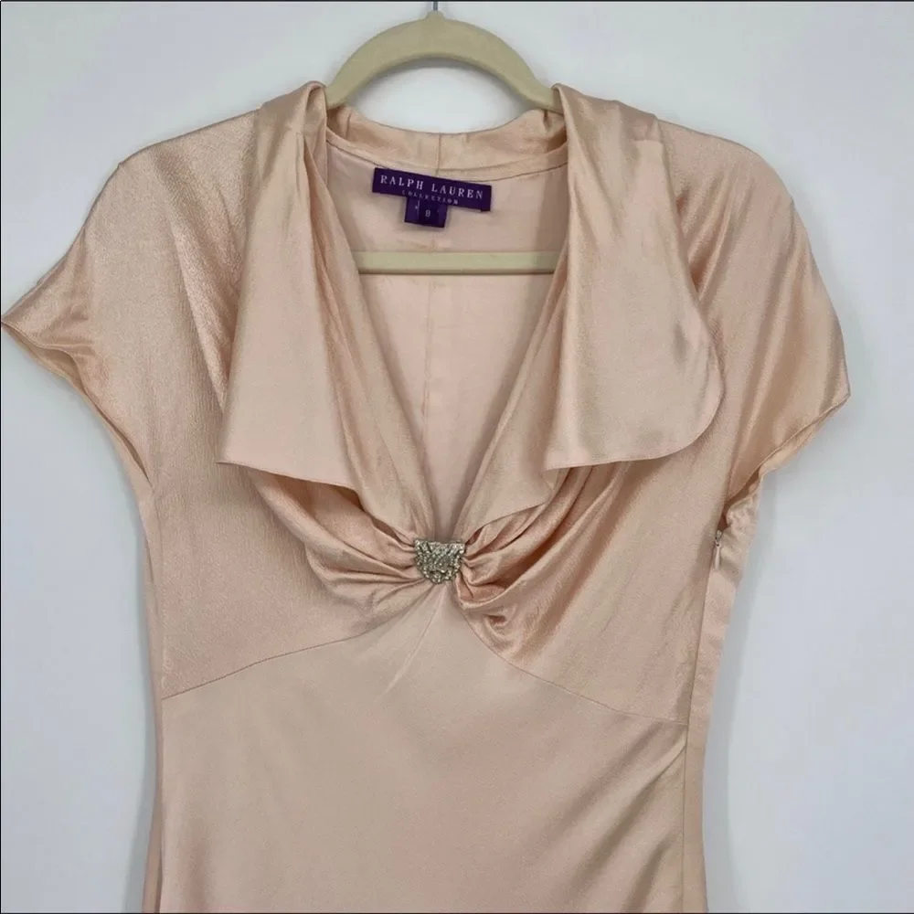 Ralph Lauren Gathered Silk Champagne Plunging Dress Short Sleeves Collared Gown - Picture 7 of 12